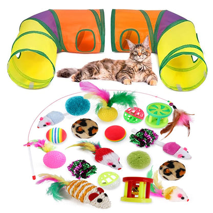 Interactive Cat Toy Set for Indoor Cats with Collapsible L Shape Cat Play Tunnel