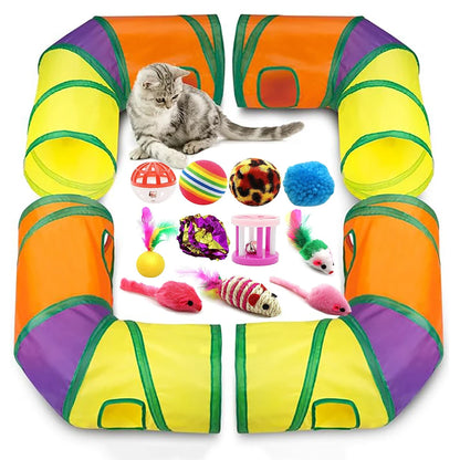 Interactive Cat Toy Set for Indoor Cats with Collapsible L Shape Cat Play Tunnel